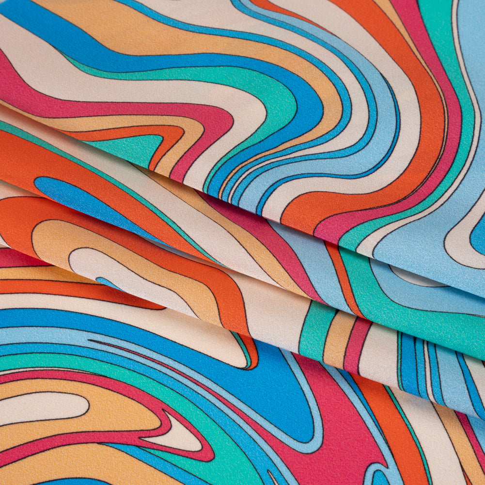 Silk Charmeuse Print 16MM, Made in Italy - Blue, Orange and Pink Retro Swirls Detail Silk Charmeuse Print 16MM, Made in Italy - Blue, Orange and Pink Retro Swirls Detail