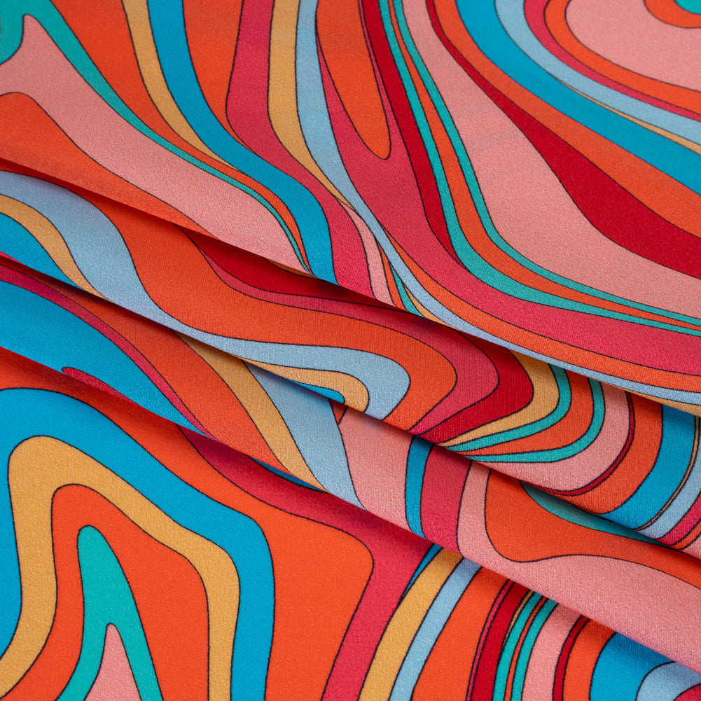 Silk Charmeuse Print 16MM, Made in Italy - Orange, Red and Blue Retro Swirls Detail Silk Charmeuse Print 16MM, Made in Italy - Orange, Red and Blue Retro Swirls Detail