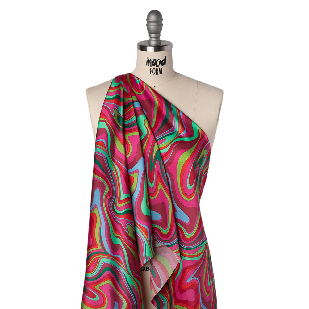 Silk Charmeuse Print 16MM, Made in Italy - Bright Pink, Red and Green Retro Swirls - Folded Silk Charmeuse Print 16MM, Made in Italy - Bright Pink, Red and Green Retro Swirls - Folded