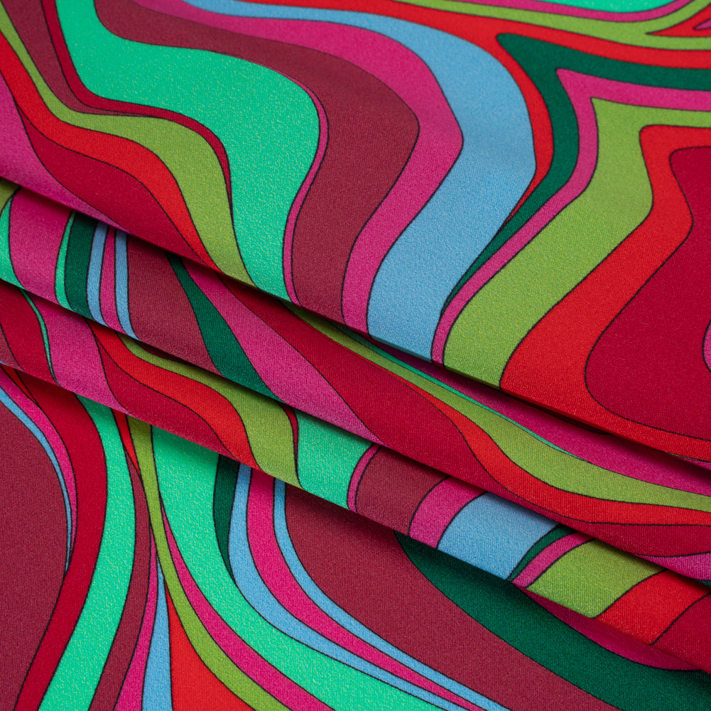 Silk Charmeuse Print 16MM, Made in Italy - Bright Pink, Red and Green Retro Swirls - Detail Silk Charmeuse Print 16MM, Made in Italy - Bright Pink, Red and Green Retro Swirls - Detail