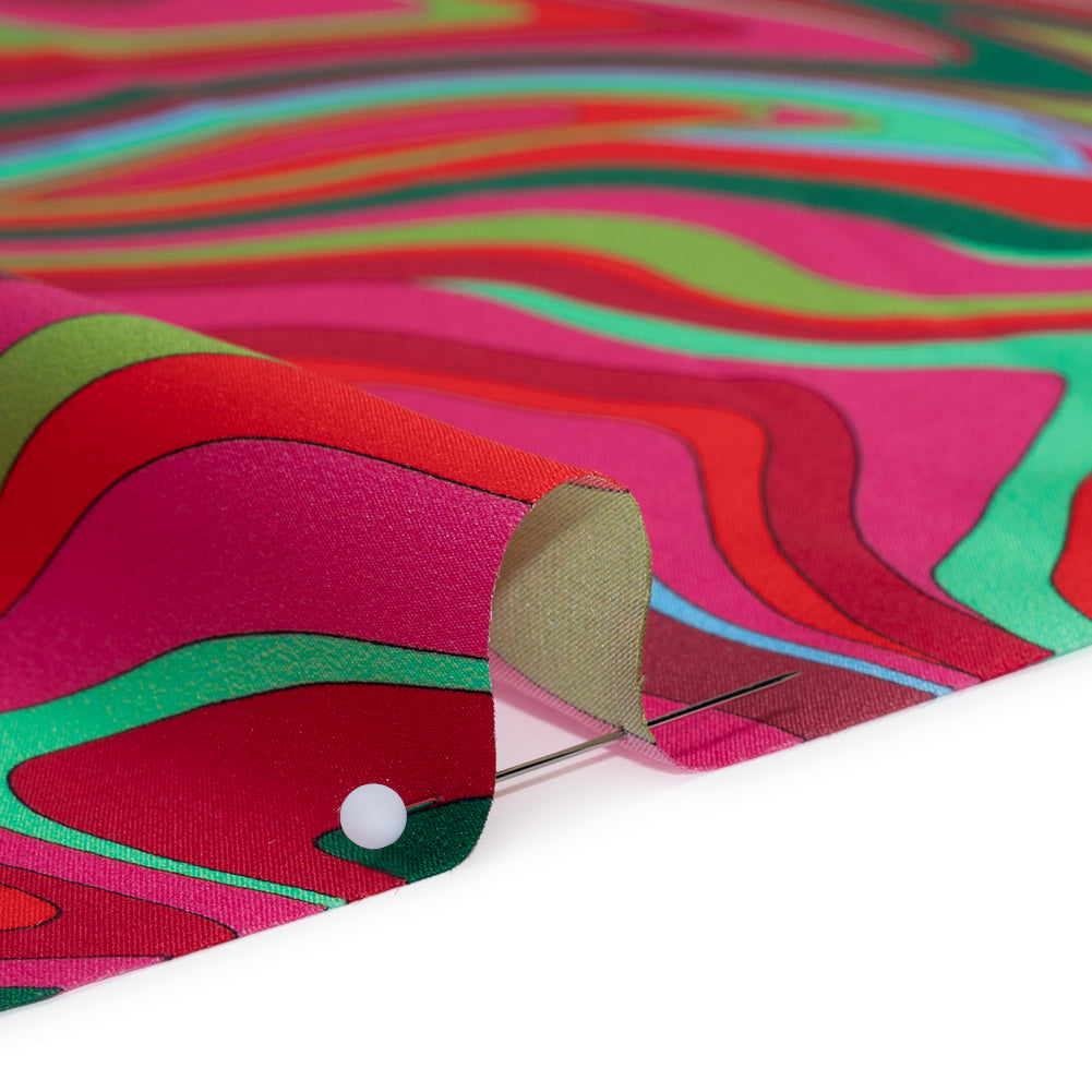 Silk Charmeuse Print 16MM, Made in Italy - Bright Pink, Red and Green Retro Swirls - Full Silk Charmeuse Print 16MM, Made in Italy - Bright Pink, Red and Green Retro Swirls - Full