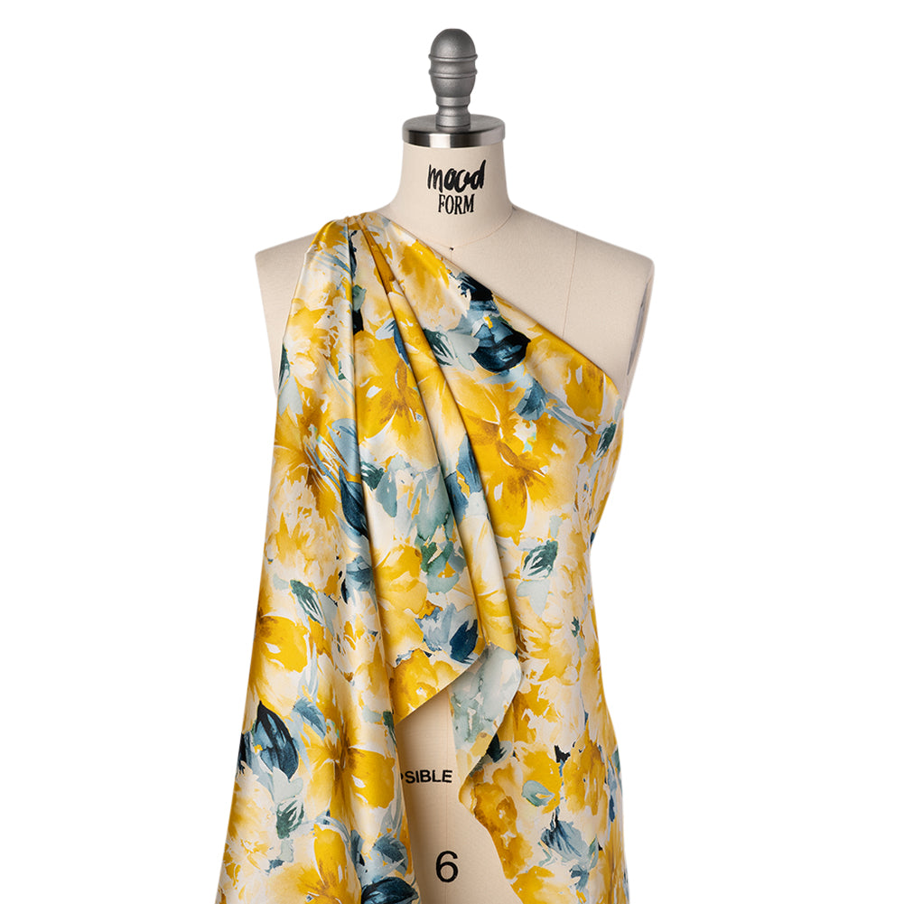 Silk Charmeuse Print 16MM, Made in Italy - Yellow and Dark Teal Watercolor Flower Garden Folded Silk Charmeuse Print 16MM, Made in Italy - Yellow and Dark Teal Watercolor Flower Garden Folded