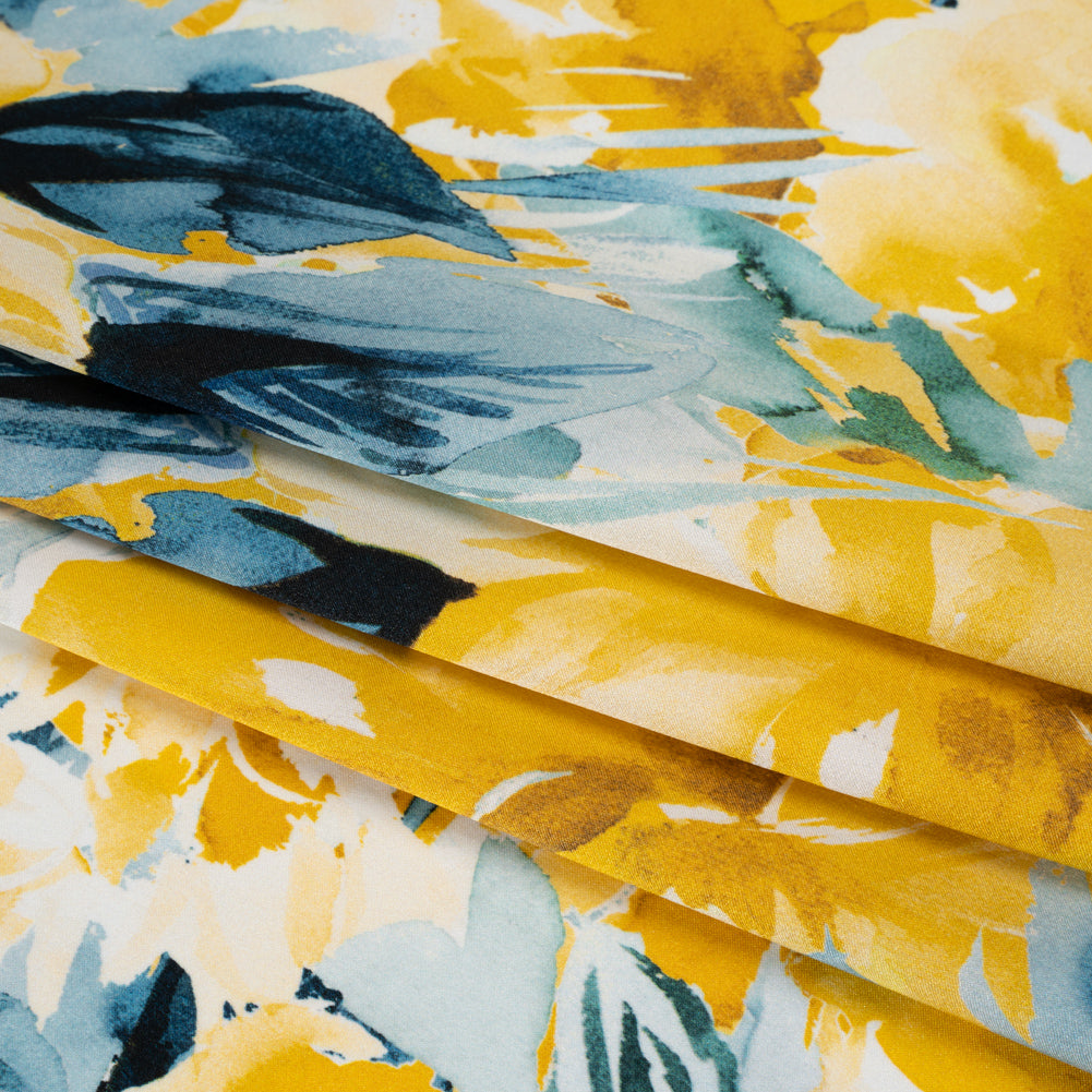 Silk Charmeuse Print 16MM, Made in Italy - Yellow and Dark Teal Watercolor Flower Garden Detail Silk Charmeuse Print 16MM, Made in Italy - Yellow and Dark Teal Watercolor Flower Garden Detail