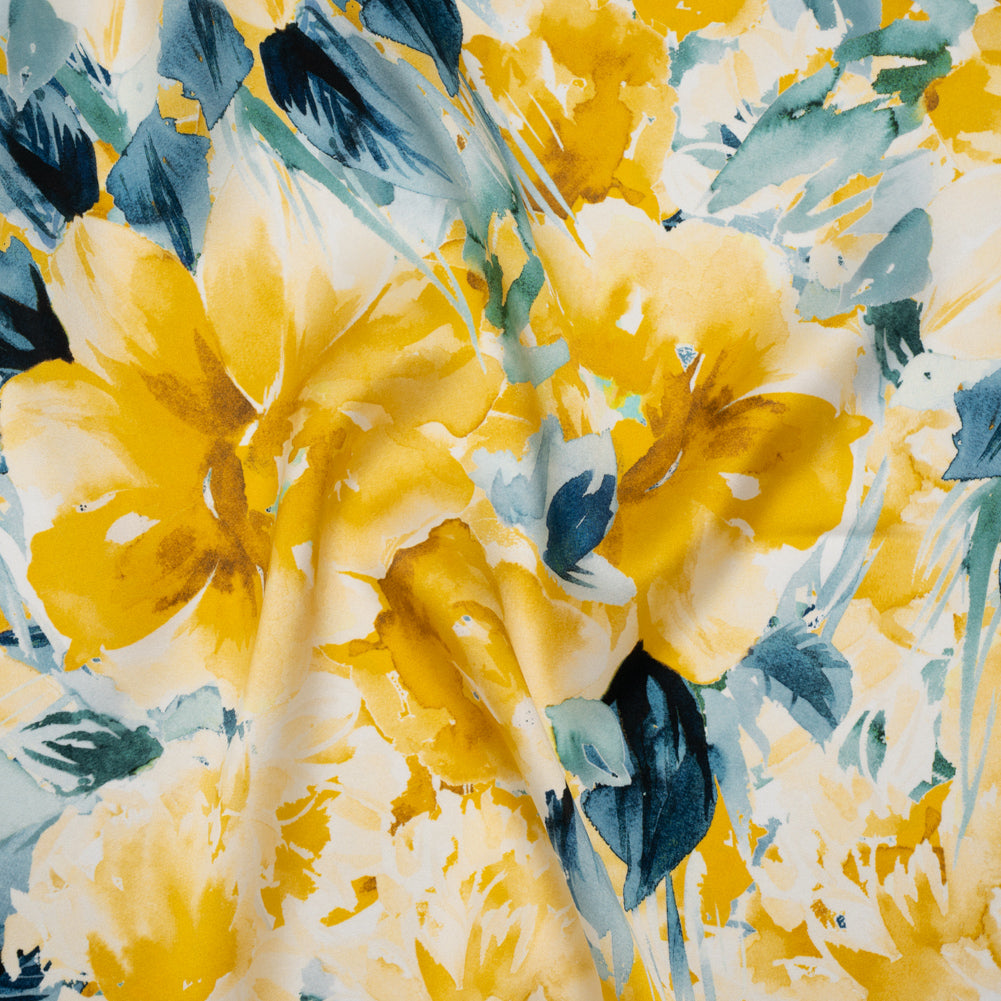 Silk Charmeuse Print 16MM, Made in Italy - Yellow and Dark Teal Watercolor Flower Garden Drape Silk Charmeuse Print 16MM, Made in Italy - Yellow and Dark Teal Watercolor Flower Garden Drape