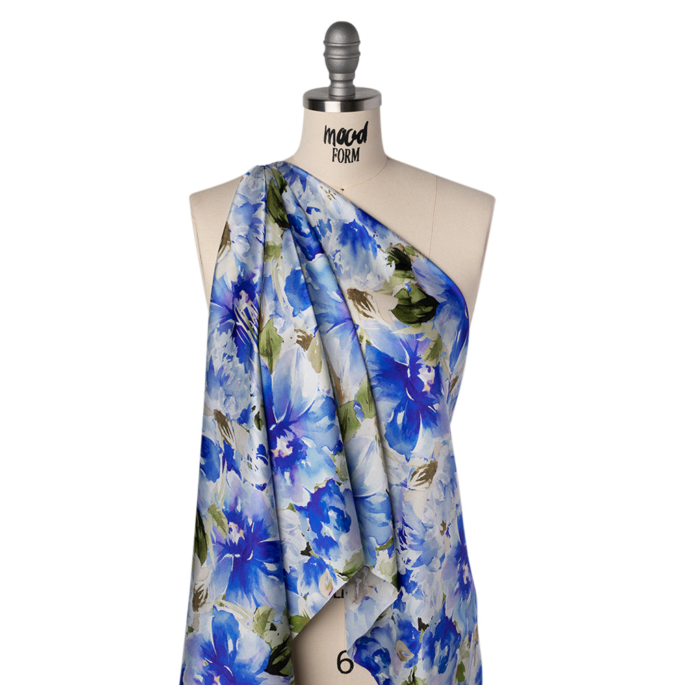 Silk Charmeuse Print 16MM, Made in Italy - Ultramarine Blue and Olive Green Watercolor Flower Garden Folded Silk Charmeuse Print 16MM, Made in Italy - Ultramarine Blue and Olive Green Watercolor Flower Garden Folded