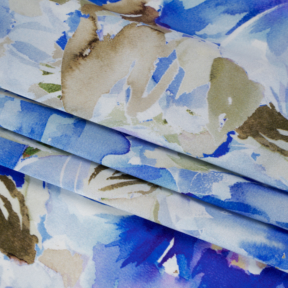 Silk Charmeuse Print 16MM, Made in Italy - Ultramarine Blue and Olive Green Watercolor Flower Garden Detail Silk Charmeuse Print 16MM, Made in Italy - Ultramarine Blue and Olive Green Watercolor Flower Garden Detail
