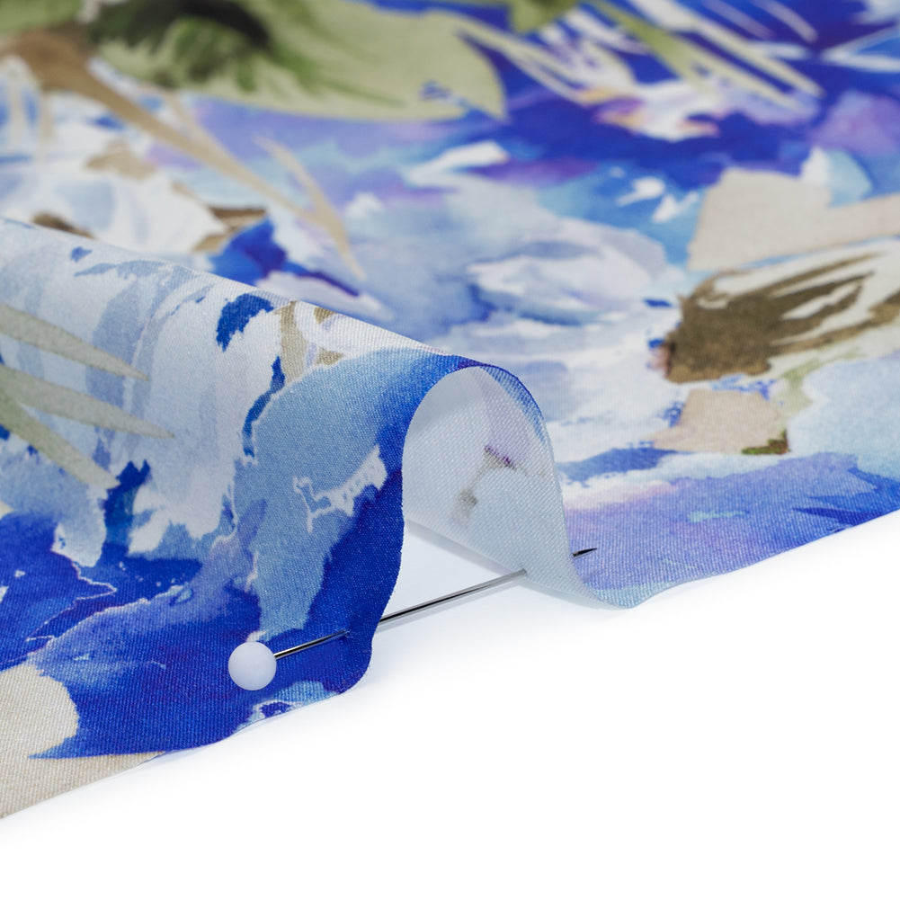 Silk Charmeuse Print 16MM, Made in Italy - Ultramarine Blue and Olive Green Watercolor Flower Garden Full Silk Charmeuse Print 16MM, Made in Italy - Ultramarine Blue and Olive Green Watercolor Flower Garden Full