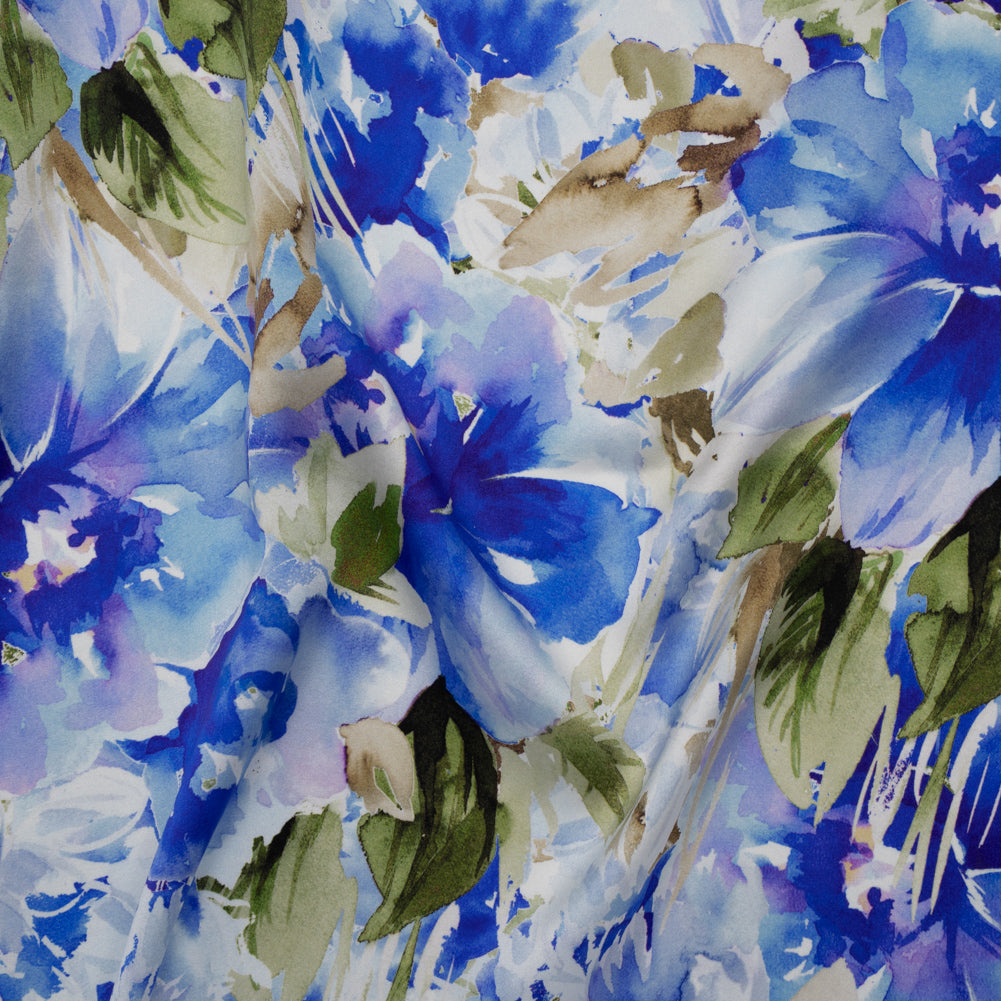 Silk Charmeuse Print 16MM, Made in Italy - Ultramarine Blue and Olive Green Watercolor Flower Garden Drape Silk Charmeuse Print 16MM, Made in Italy - Ultramarine Blue and Olive Green Watercolor Flower Garden Drape