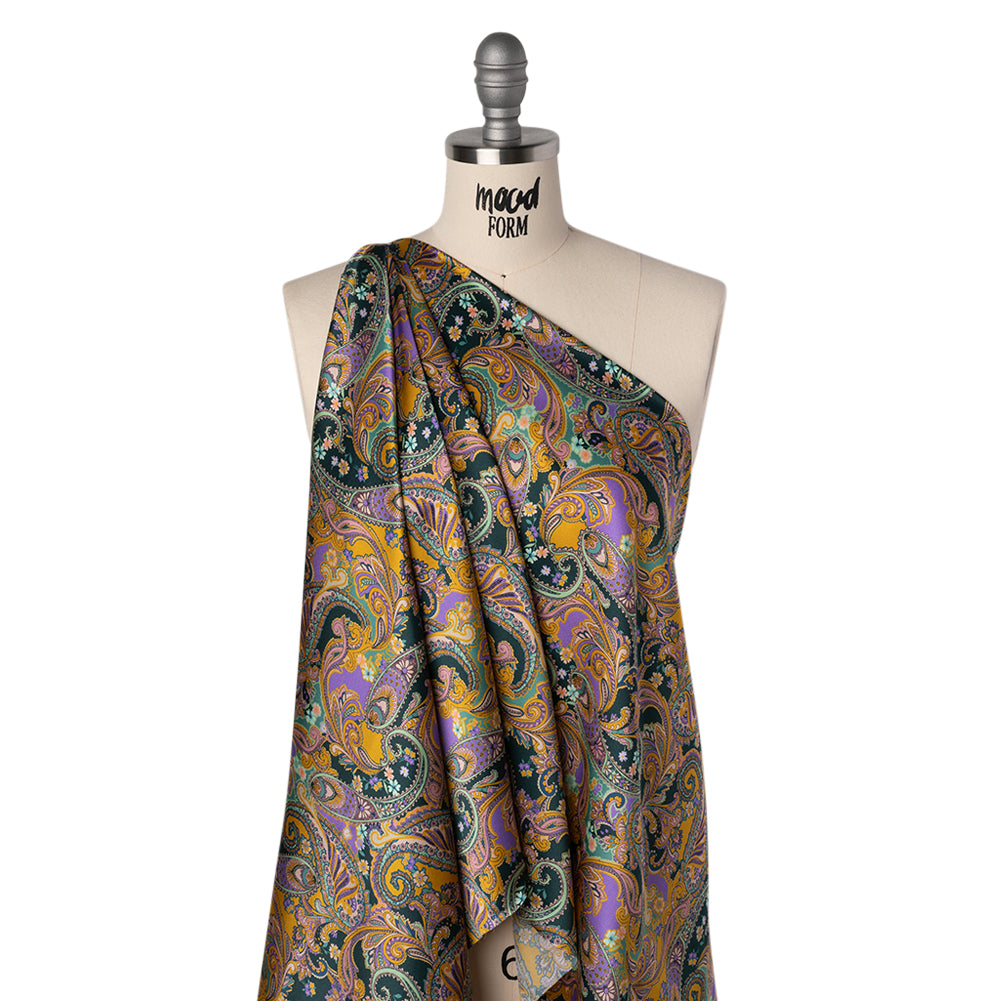 Silk Charmeuse Print 16MM, Made in Italy - Marigold Yellow, Light Purple and Mint Green Fancy Paisley Silk Charmeuse Print 16MM, Made in Italy - Marigold Yellow, Light Purple and Mint Green Fancy Paisley