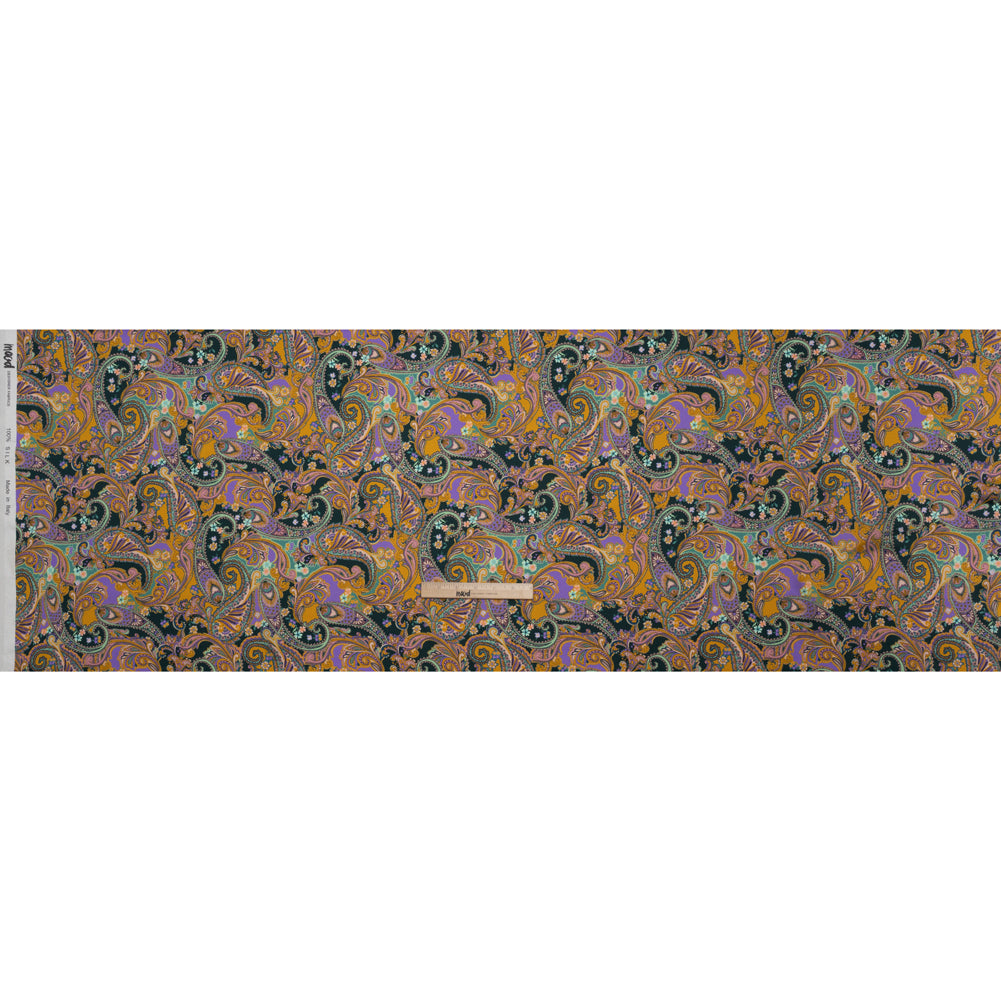 Silk Charmeuse Print 16MM, Made in Italy - Marigold Yellow, Light Purple and Mint Green Fancy Paisley Silk Charmeuse Print 16MM, Made in Italy - Marigold Yellow, Light Purple and Mint Green Fancy Paisley