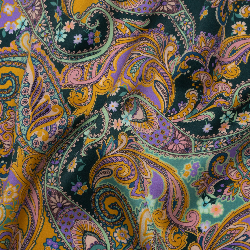 Silk Charmeuse Print 16MM, Made in Italy - Marigold Yellow, Light Purple and Mint Green Fancy Paisley Silk Charmeuse Print 16MM, Made in Italy - Marigold Yellow, Light Purple and Mint Green Fancy Paisley