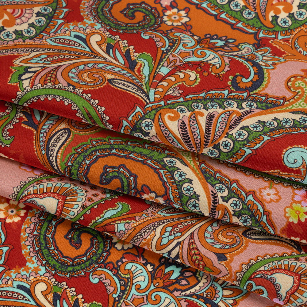 Silk Charmeuse Print 16MM, Made in Italy - Red, Orange and Green Fancy Paisley Silk Charmeuse Print 16MM, Made in Italy - Red, Orange and Green Fancy Paisley