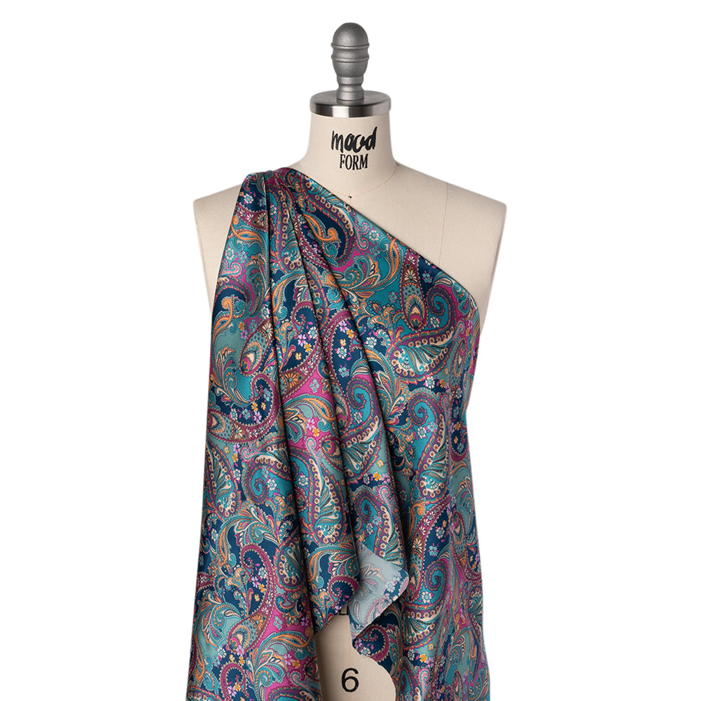 Silk Charmeuse Print 16MM, Made in Italy - Dark Turquoise, Blue and Berry Pink Fancy Paisley Silk Charmeuse Print 16MM, Made in Italy - Dark Turquoise, Blue and Berry Pink Fancy Paisley