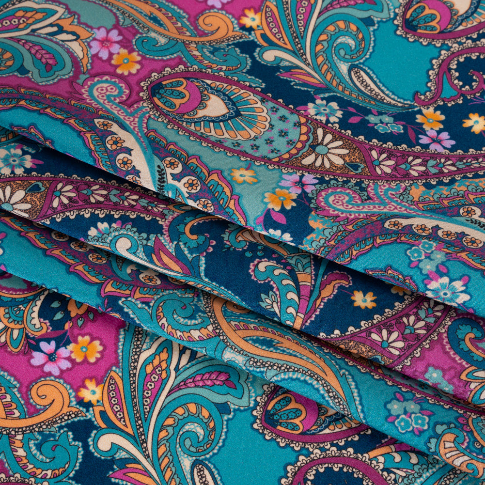 Silk Charmeuse Print 16MM, Made in Italy - Dark Turquoise, Blue and Berry Pink Fancy Paisley Silk Charmeuse Print 16MM, Made in Italy - Dark Turquoise, Blue and Berry Pink Fancy Paisley