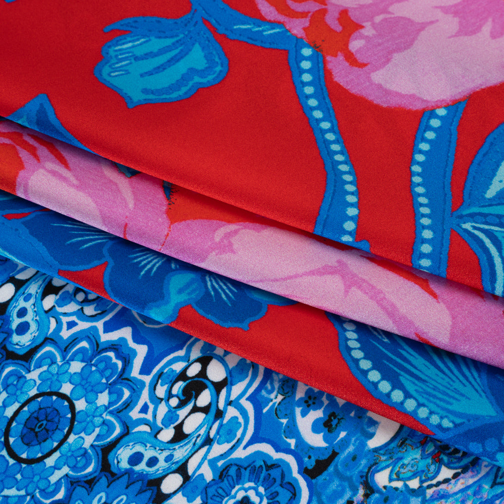 Silk Charmeuse Print 16MM, Made in Italy - Red, Blue and Gold Floral and Abstract Stripes Detail Silk Charmeuse Print 16MM, Made in Italy - Red, Blue and Gold Floral and Abstract Stripes Detail