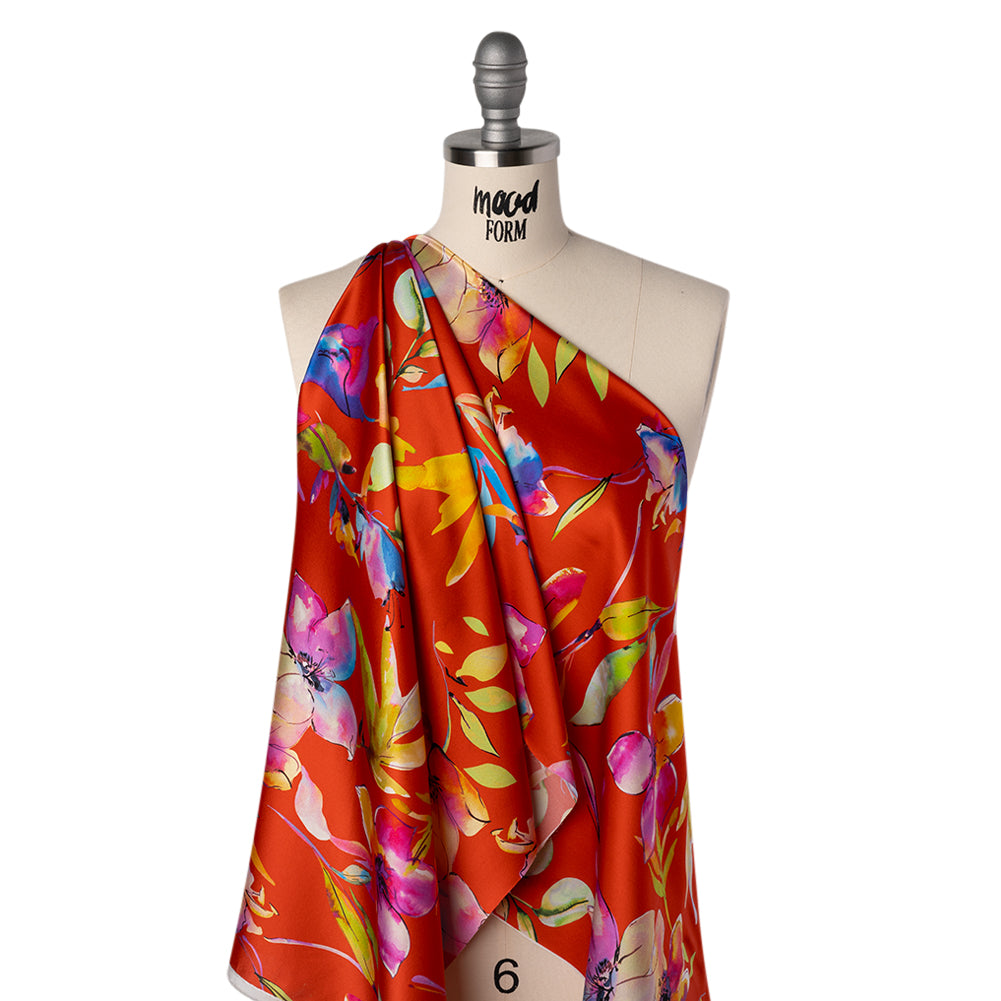 Silk Charmeuse Print 16MM, Made in Italy - Red and Rainbow Illustrated Watercolor Flowers - Folded Silk Charmeuse Print 16MM, Made in Italy - Red and Rainbow Illustrated Watercolor Flowers - Folded
