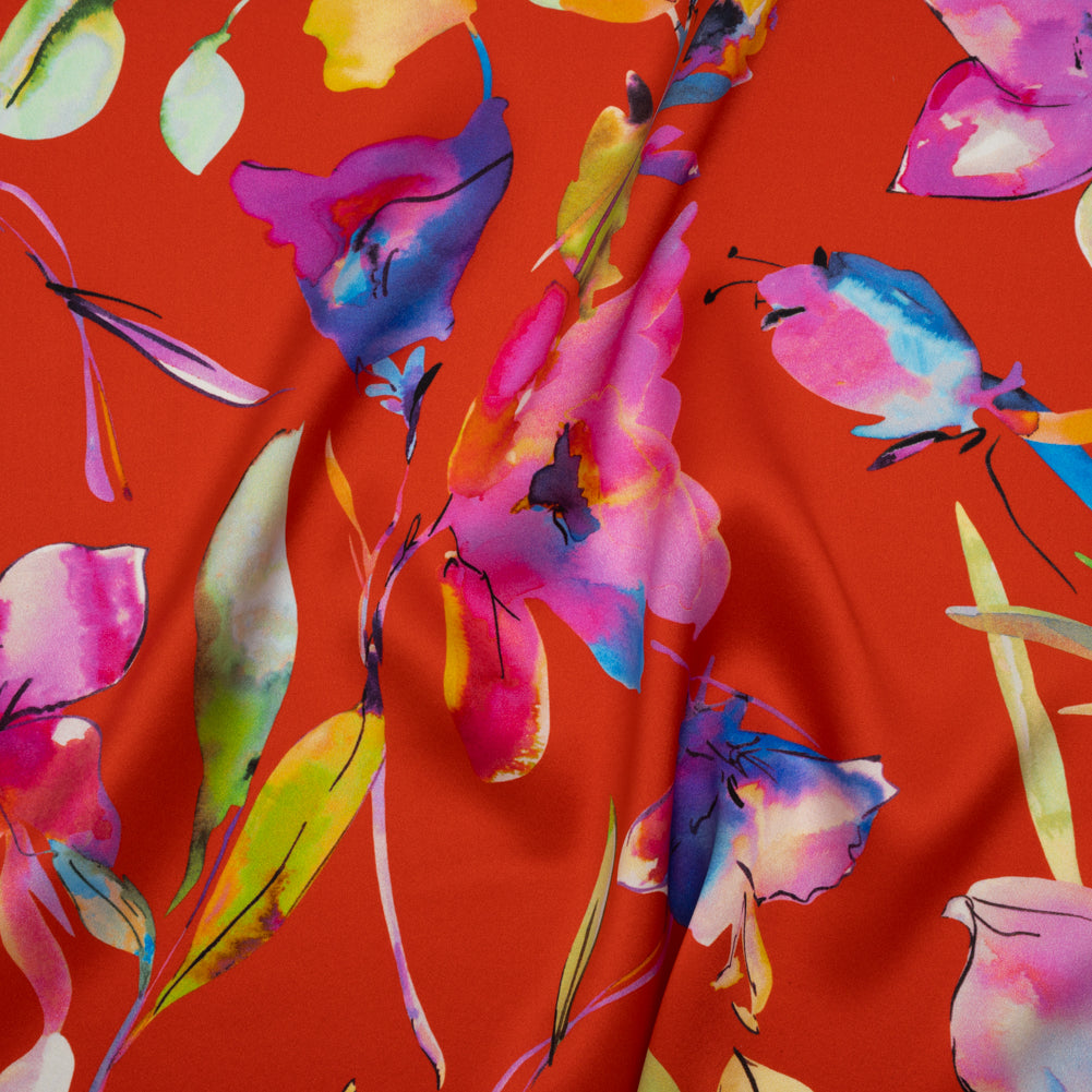 Silk Charmeuse Print 16MM, Made in Italy - Red and Rainbow Illustrated Watercolor Flowers - Drape Silk Charmeuse Print 16MM, Made in Italy - Red and Rainbow Illustrated Watercolor Flowers - Drape