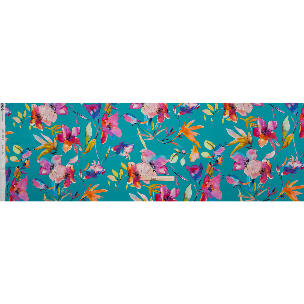 Silk Charmeuse Print 16MM, Made in Italy - Turquoise, Pink and Multicolor Illustrated Watercolor Flowers Silk Charmeuse Print 16MM, Made in Italy - Turquoise, Pink and Multicolor Illustrated Watercolor Flowers
