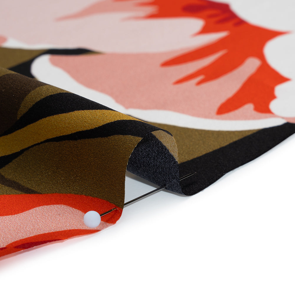 Silk Charmeuse Print 16MM, Made in Italy - Muted Blue, Red and Black Big Floral Border Full Silk Charmeuse Print 16MM, Made in Italy - Muted Blue, Red and Black Big Floral Border Full