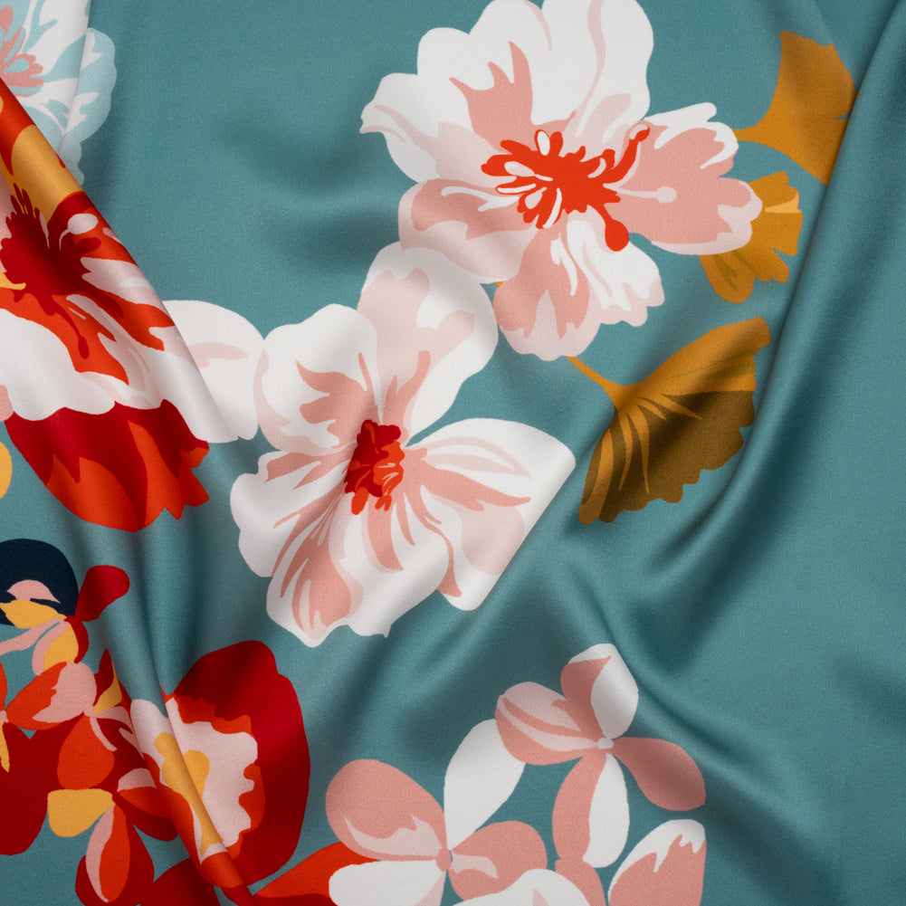 Silk Charmeuse Print 16MM, Made in Italy - Muted Blue, Red and Black Big Floral Border Drape Silk Charmeuse Print 16MM, Made in Italy - Muted Blue, Red and Black Big Floral Border Drape