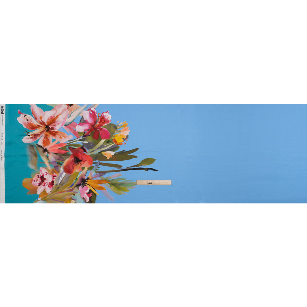 Silk Charmeuse Print 16MM, Made in Italy - Blue, Teal and Multicolor Watercolor Floral Border - Full - Image 5 of 6 Silk Charmeuse Print 16MM, Made in Italy - Blue, Teal and Multicolor Watercolor Floral Border - Full - Image 5 of 6