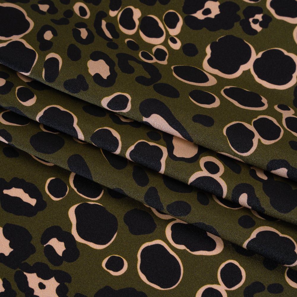 Silk Charmeuse Print 16MM, Made in Italy - Dark Olive Green, Beige and Black Animal Spots Detail Silk Charmeuse Print 16MM, Made in Italy - Dark Olive Green, Beige and Black Animal Spots Detail