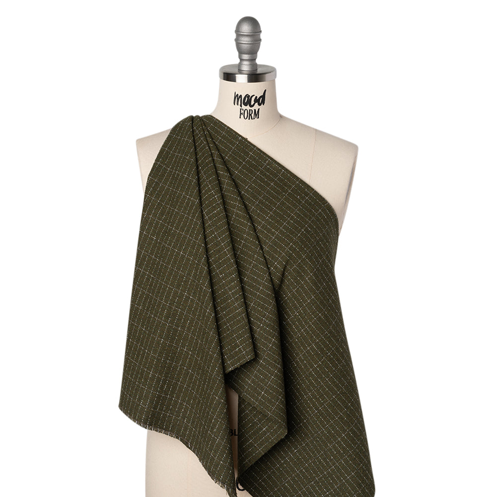 Yarn-Dyed Cotton Flannel - Olive Green and White Rectangle Checks - Deadstock Yarn-Dyed Cotton Flannel - Olive Green and White Rectangle Checks - Deadstock