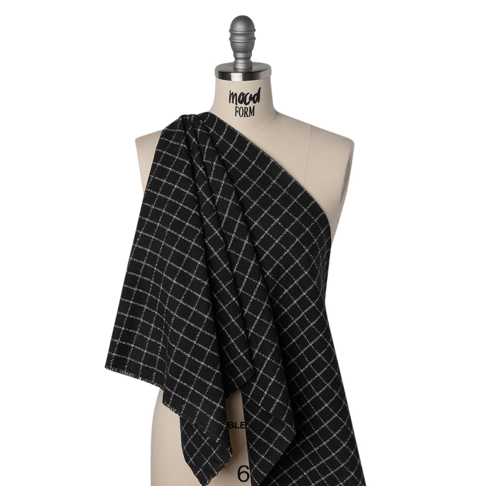 Yarn-Dyed Cotton Flannel - White on Black Windowpane Checks - Deadstock Drape Yarn-Dyed Cotton Flannel - White on Black Windowpane Checks - Deadstock Drape