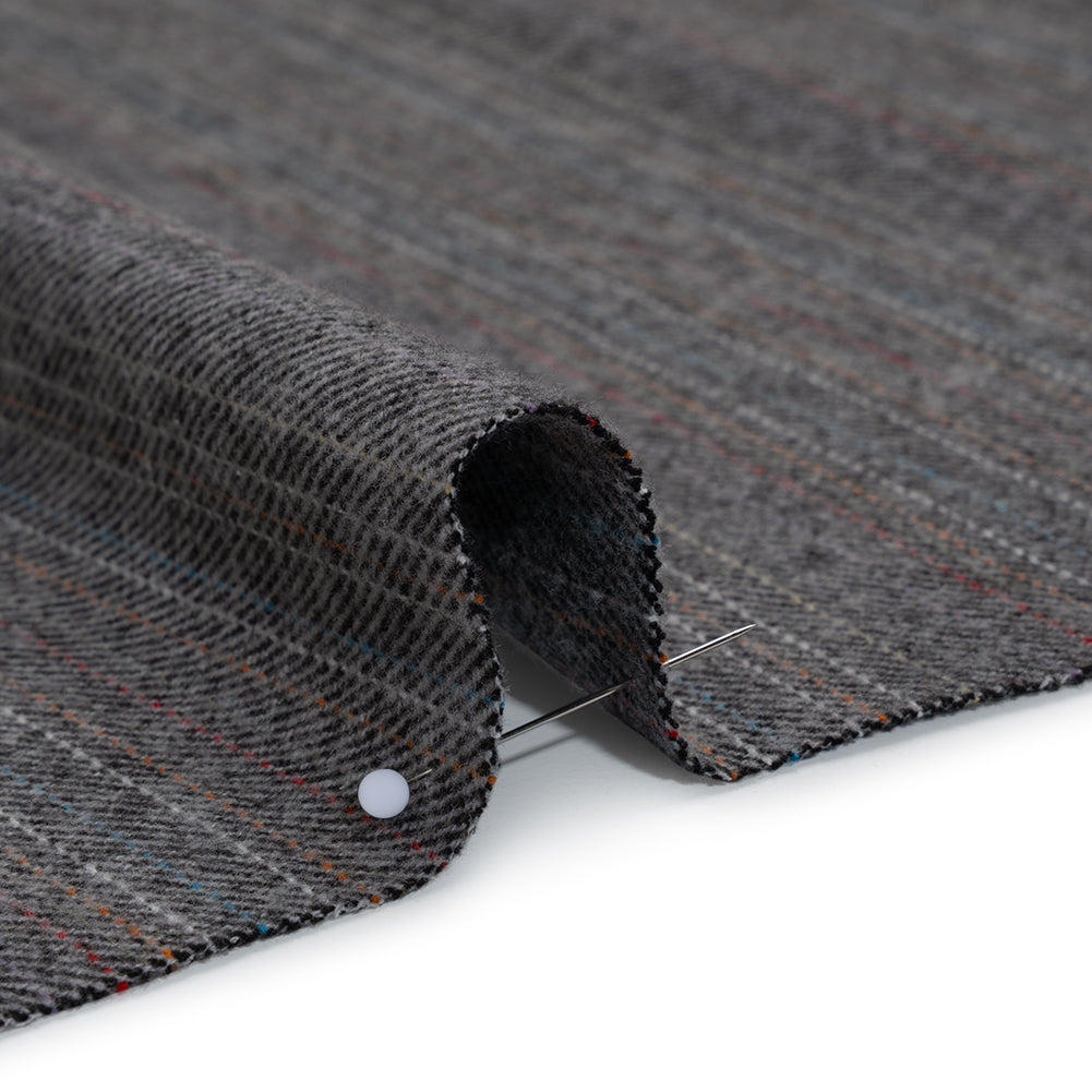 Yarn-Dyed Cotton Twill Flannel - Gray, Sky Blue and Red Pinstripes - Deadstock