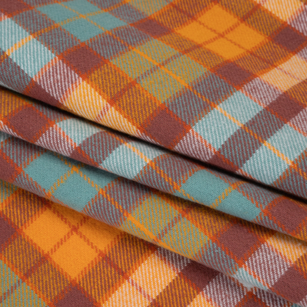 Yarn-Dyed Cotton Twill Flannel - Creamsicle Orange, Sky Blue and Dusty Red Plaid - Deadstock Yarn-Dyed Cotton Twill Flannel - Creamsicle Orange, Sky Blue and Dusty Red Plaid - Deadstock