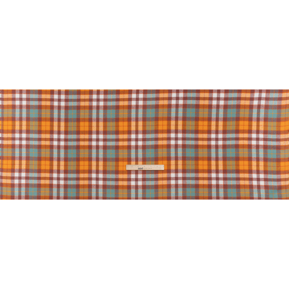 Yarn-Dyed Cotton Twill Flannel - Creamsicle Orange, Sky Blue and Dusty Red Plaid - Deadstock Yarn-Dyed Cotton Twill Flannel - Creamsicle Orange, Sky Blue and Dusty Red Plaid - Deadstock