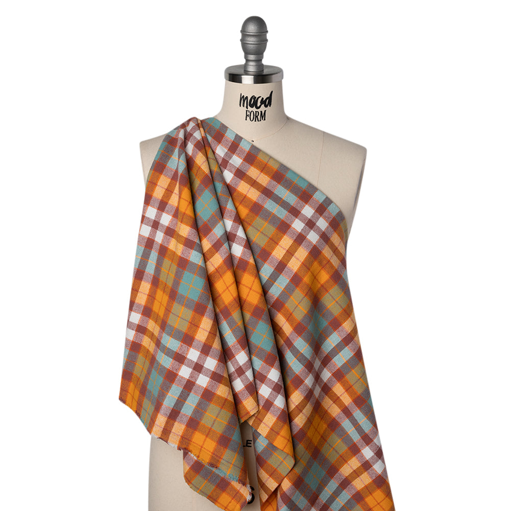 Yarn-Dyed Cotton Twill Flannel - Creamsicle Orange, Sky Blue and Dusty Red Plaid - Deadstock Yarn-Dyed Cotton Twill Flannel - Creamsicle Orange, Sky Blue and Dusty Red Plaid - Deadstock