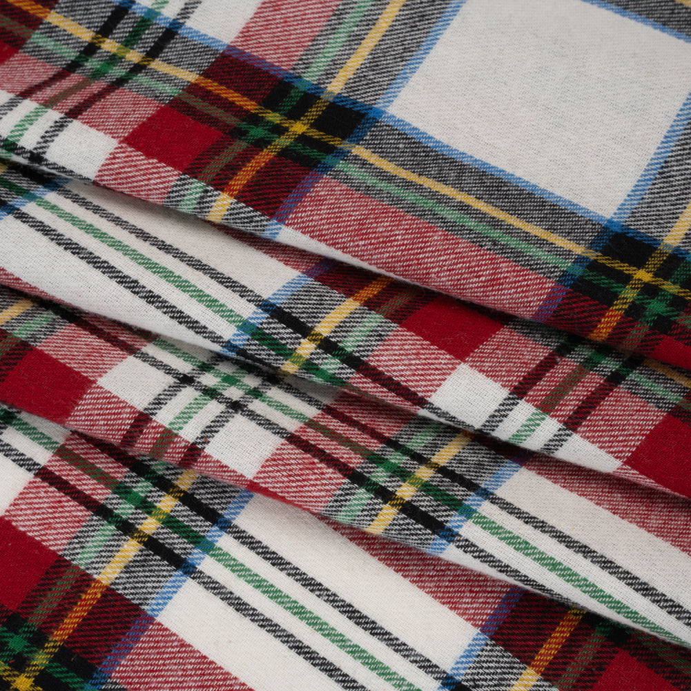 Yarn-Dyed Lightweight Cotton Twill Flannel - White, Red and Green Plaid - Deadstock Folded Yarn-Dyed Lightweight Cotton Twill Flannel - White, Red and Green Plaid - Deadstock Folded