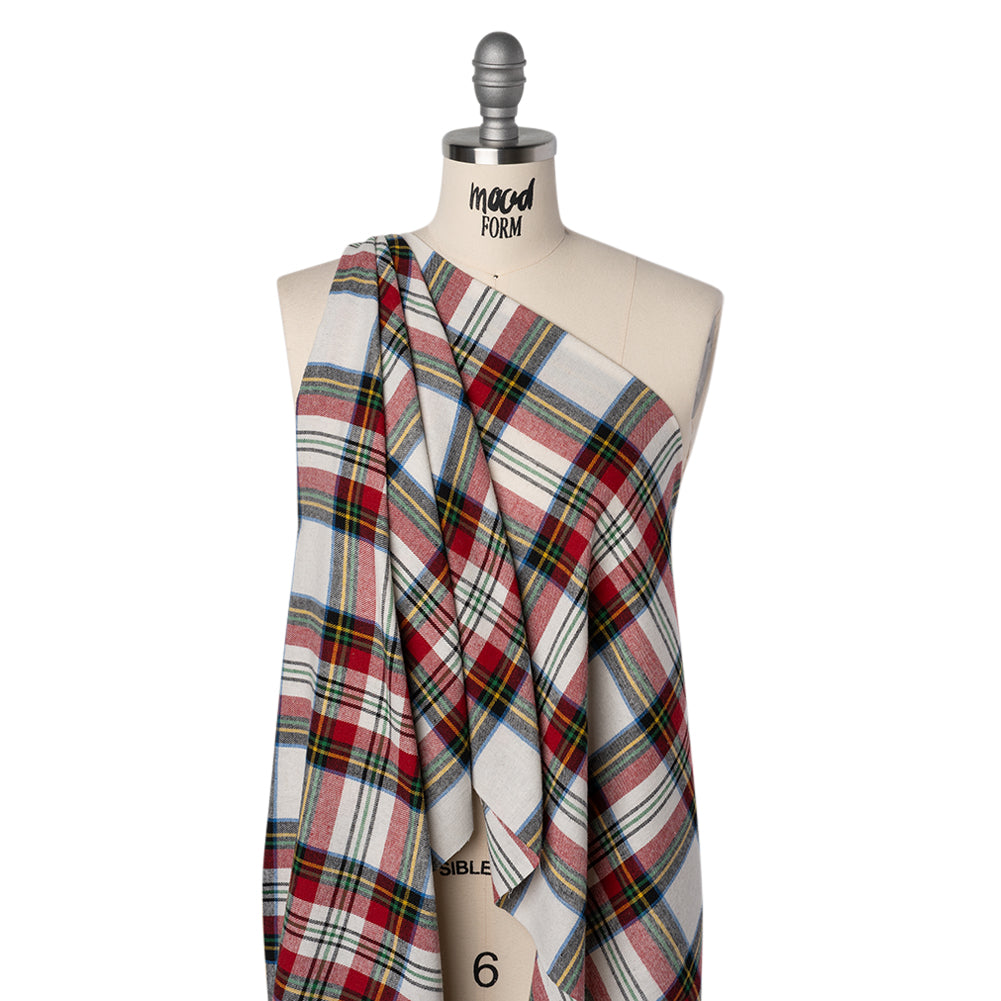 Yarn-Dyed Lightweight Cotton Twill Flannel - White, Red and Green Plaid - Deadstock Drape Yarn-Dyed Lightweight Cotton Twill Flannel - White, Red and Green Plaid - Deadstock Drape
