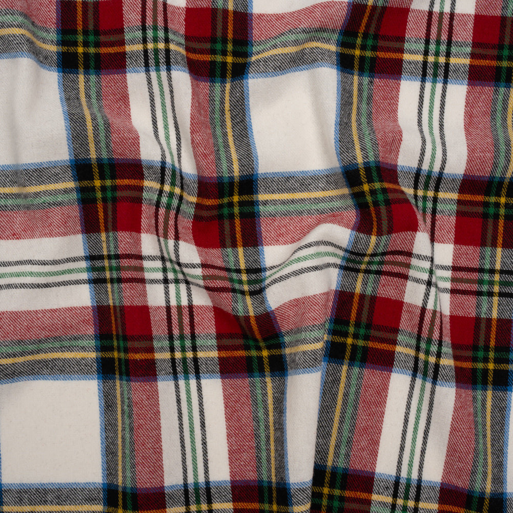 Yarn-Dyed Lightweight Cotton Twill Flannel - White, Red and Green Plaid - Deadstock Yarn-Dyed Lightweight Cotton Twill Flannel - White, Red and Green Plaid - Deadstock