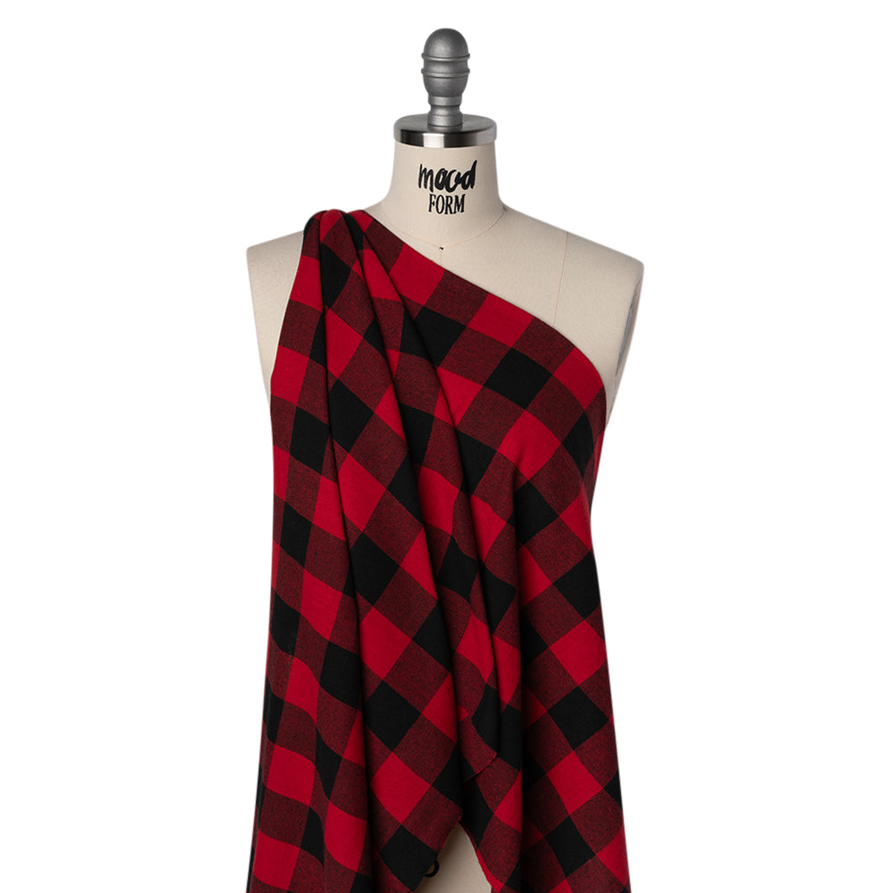 Yarn-Dyed Lightweight Cotton Twill Flannel - Red and Black Buffalo Check - Deadstock Drape Yarn-Dyed Lightweight Cotton Twill Flannel - Red and Black Buffalo Check - Deadstock Drape