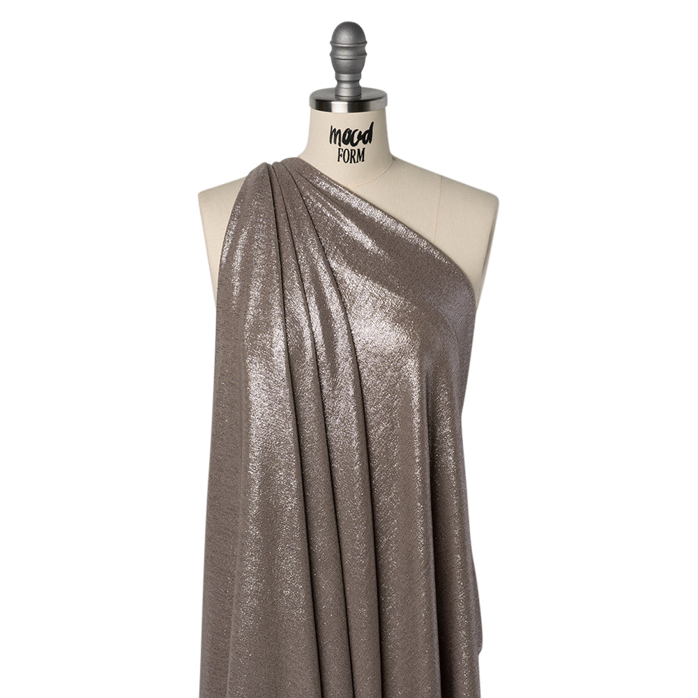 Metallic Foiled Uneven Stretch Rib Knit - Silver on Taupe - Estelle Collection Metallic Foiled Uneven Stretch Rib Knit - Silver on Taupe - Estelle Collection