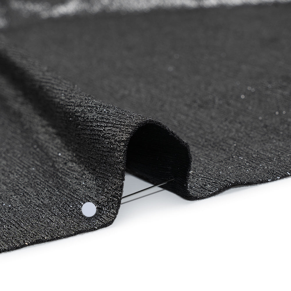 Metallic Foiled Uneven Stretch Rib Knit - Silver on Black - Estelle Collection Detail Metallic Foiled Uneven Stretch Rib Knit - Silver on Black - Estelle Collection Detail