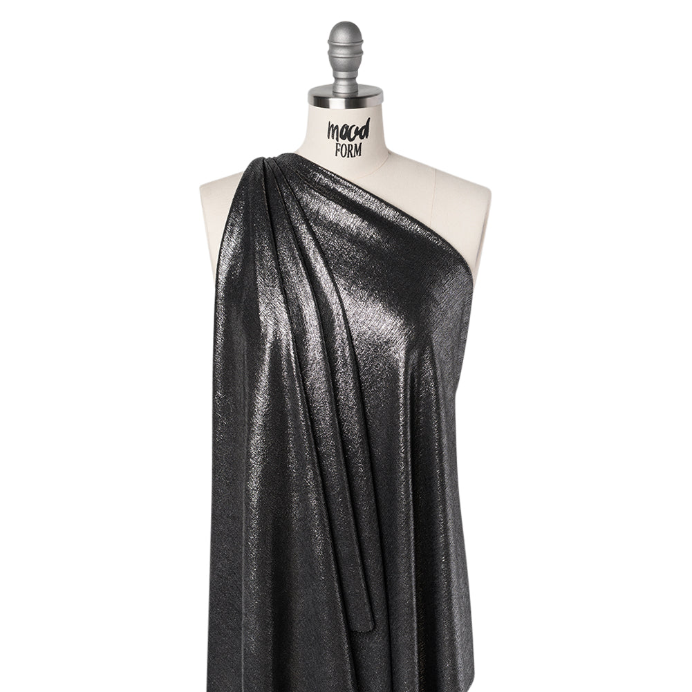 Metallic Foiled Uneven Stretch Rib Knit - Silver on Black - Estelle Collection Drape Metallic Foiled Uneven Stretch Rib Knit - Silver on Black - Estelle Collection Drape