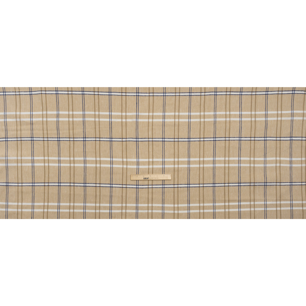 Stretch Linen Woven - Beige, Navy and White Plaid with Metallic Silver Accents Stretch Linen Woven - Beige, Navy and White Plaid with Metallic Silver Accents