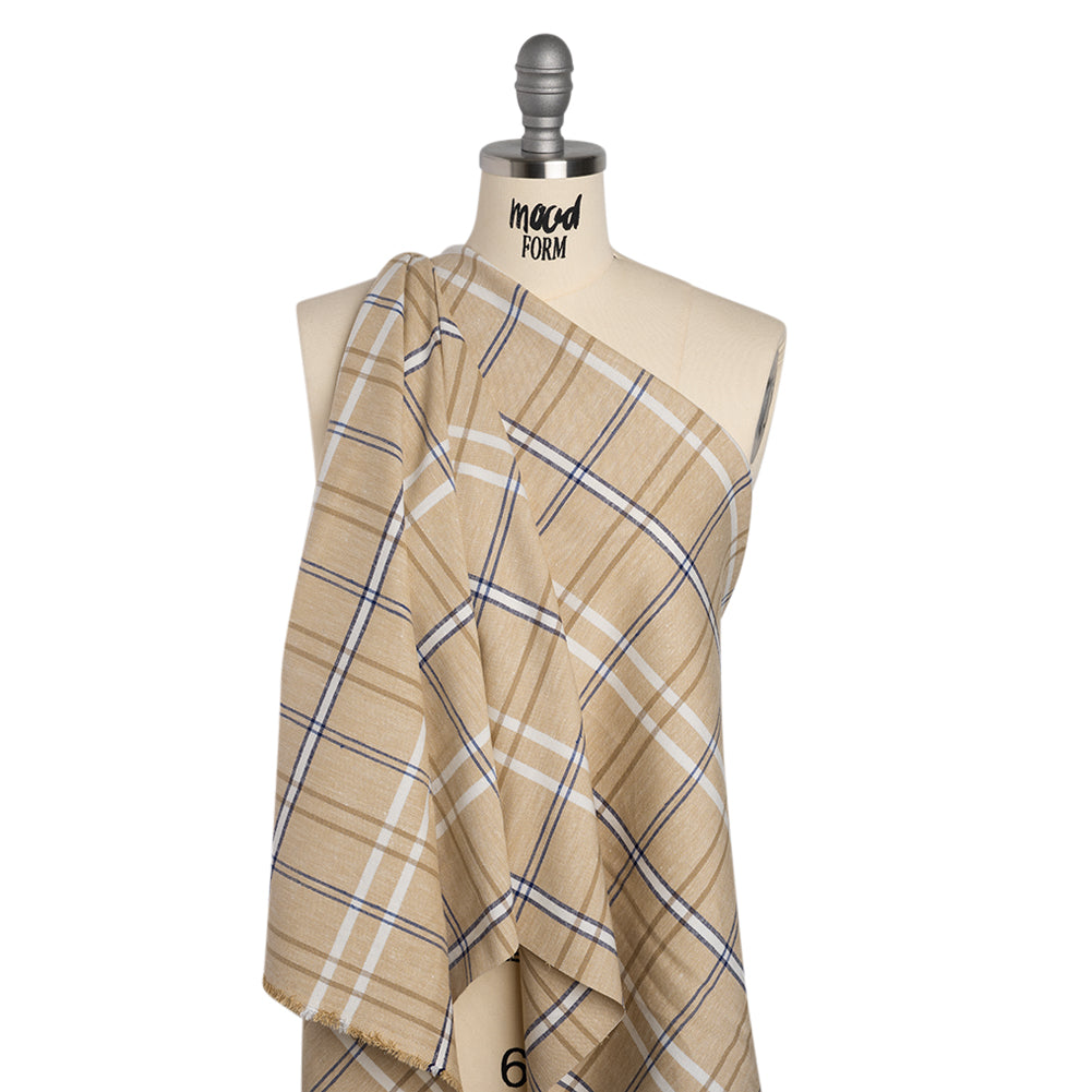 Stretch Linen Woven - Beige, Navy and White Plaid with Metallic Silver Accents Stretch Linen Woven - Beige, Navy and White Plaid with Metallic Silver Accents