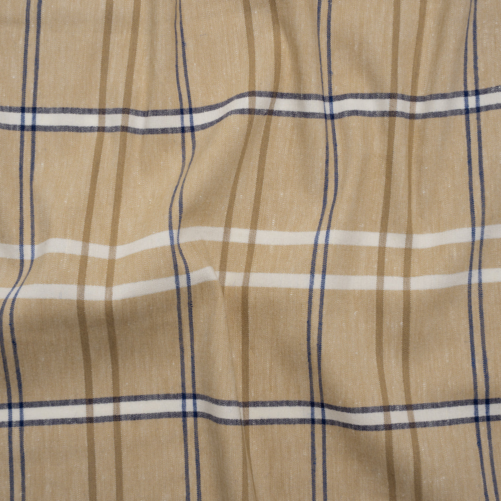 Stretch Linen Woven - Beige, Navy and White Plaid with Metallic Silver Accents Stretch Linen Woven - Beige, Navy and White Plaid with Metallic Silver Accents