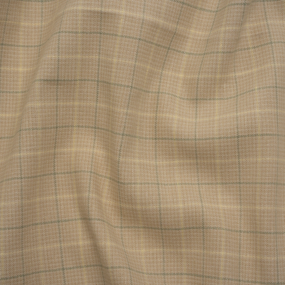 Medium Weight Linen Woven - Beige and Sage Green Windowpane Tattersall Check Plaid Medium Weight Linen Woven - Beige and Sage Green Windowpane Tattersall Check Plaid