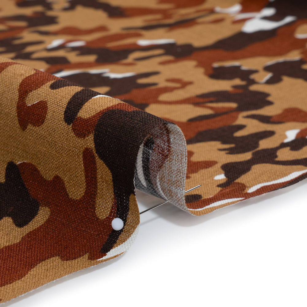 Medium Weight Linen Woven Print - Brown, Russet and Tan Camouflage - Detail Medium Weight Linen Woven Print - Brown, Russet and Tan Camouflage - Detail