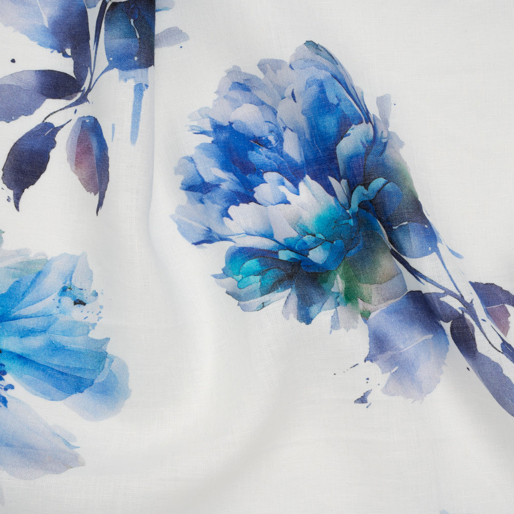 Medium Weight Linen Woven Print - Wisteria Blue on White Wild Roses - Drape Medium Weight Linen Woven Print - Wisteria Blue on White Wild Roses - Drape