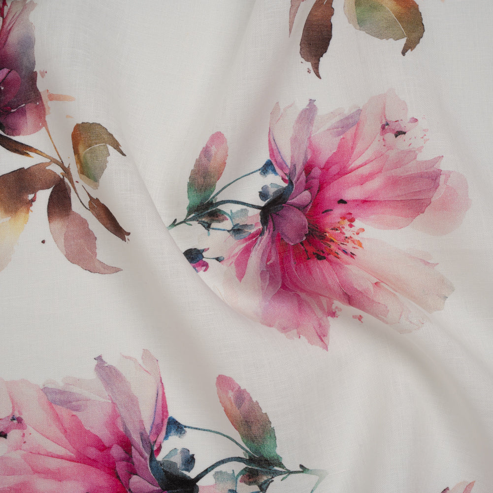Medium Weight Linen Woven Print - Fuschia Pink on White Wild Roses Drape Medium Weight Linen Woven Print - Fuschia Pink on White Wild Roses Drape