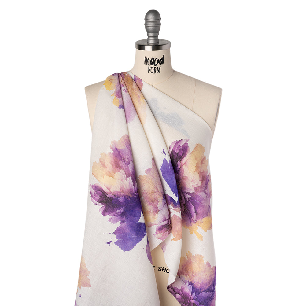 Medium Weight Linen Woven Print - Lilac Purple and Golden Yellow on White Wild Roses - Folded Medium Weight Linen Woven Print - Lilac Purple and Golden Yellow on White Wild Roses - Folded