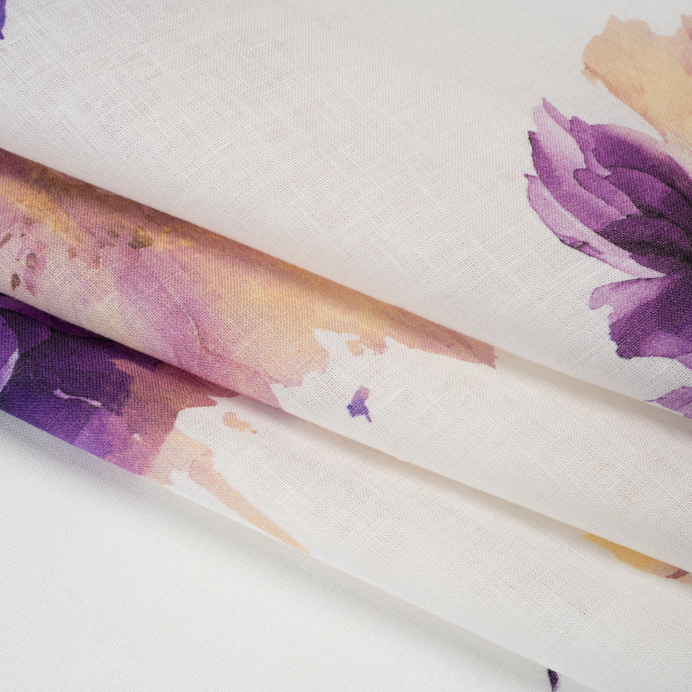 Medium Weight Linen Woven Print - Lilac Purple and Golden Yellow on White Wild Roses - Detail Medium Weight Linen Woven Print - Lilac Purple and Golden Yellow on White Wild Roses - Detail