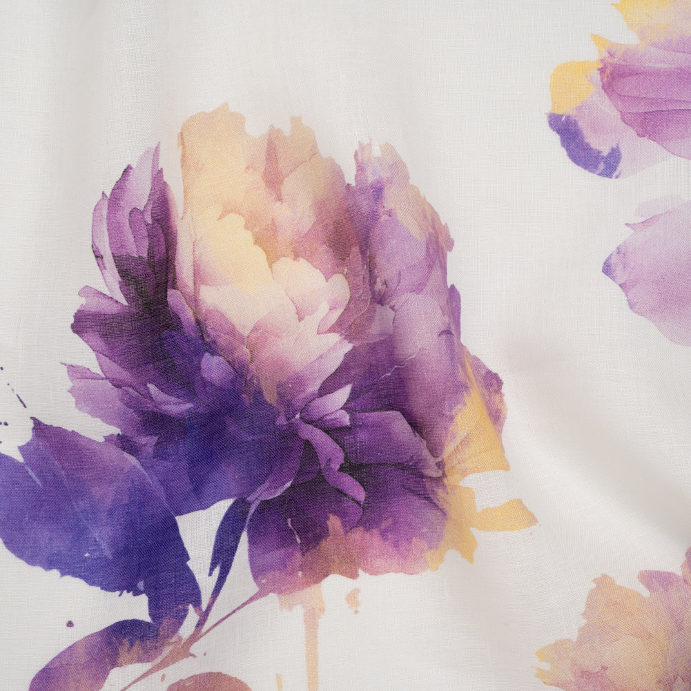 Medium Weight Linen Woven Print - Lilac Purple and Golden Yellow on White Wild Roses - Drape Medium Weight Linen Woven Print - Lilac Purple and Golden Yellow on White Wild Roses - Drape
