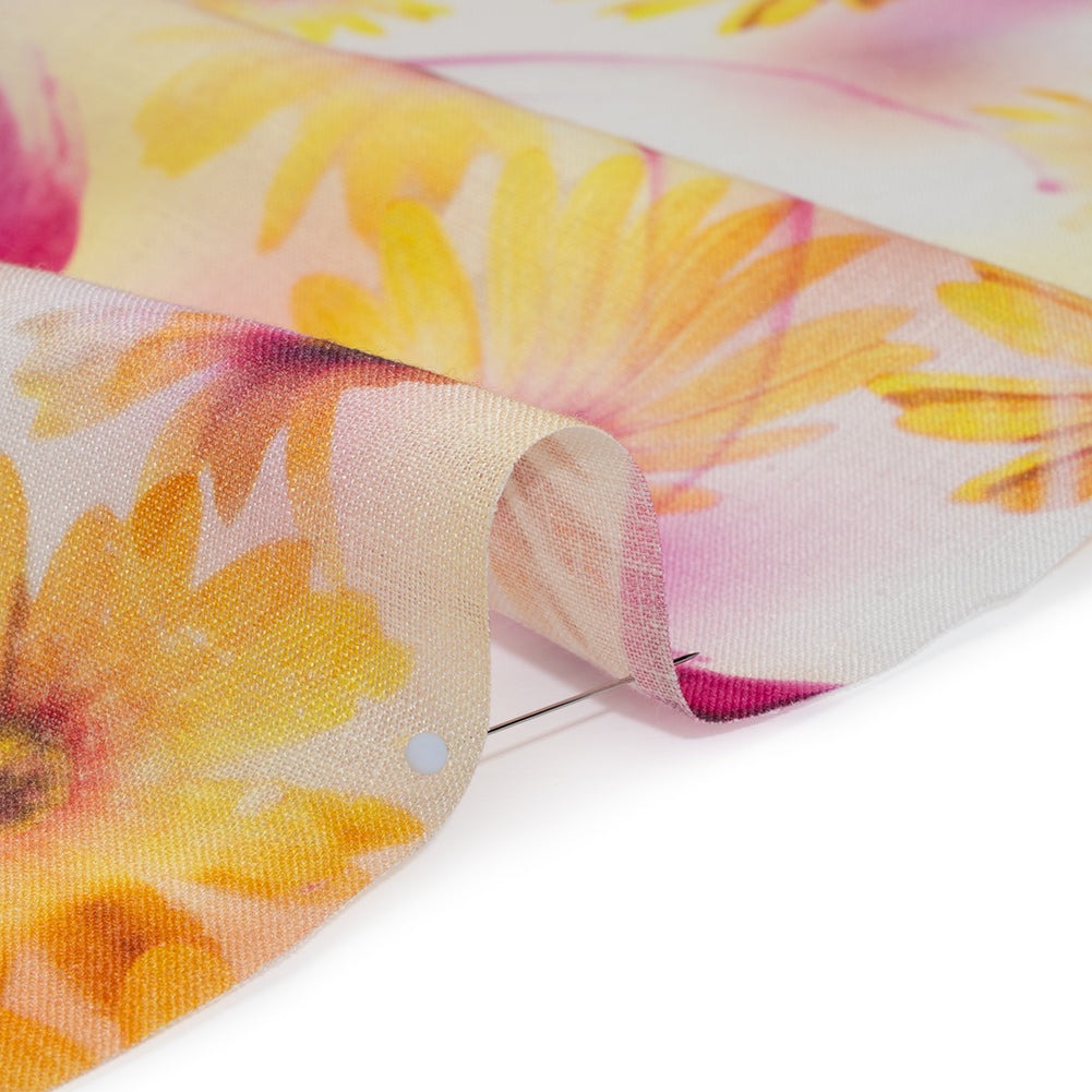 Medium Weight Linen Woven Print - Fuchsia Pink and Bright Yellow Sunflower Garden Medium Weight Linen Woven Print - Fuchsia Pink and Bright Yellow Sunflower Garden